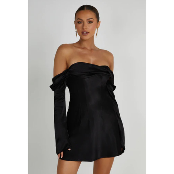 Meshki Dresses & Skirts - MESHKI Giselle Off The Shoulder Satin Mini Dress Long Sleeve Black NWT